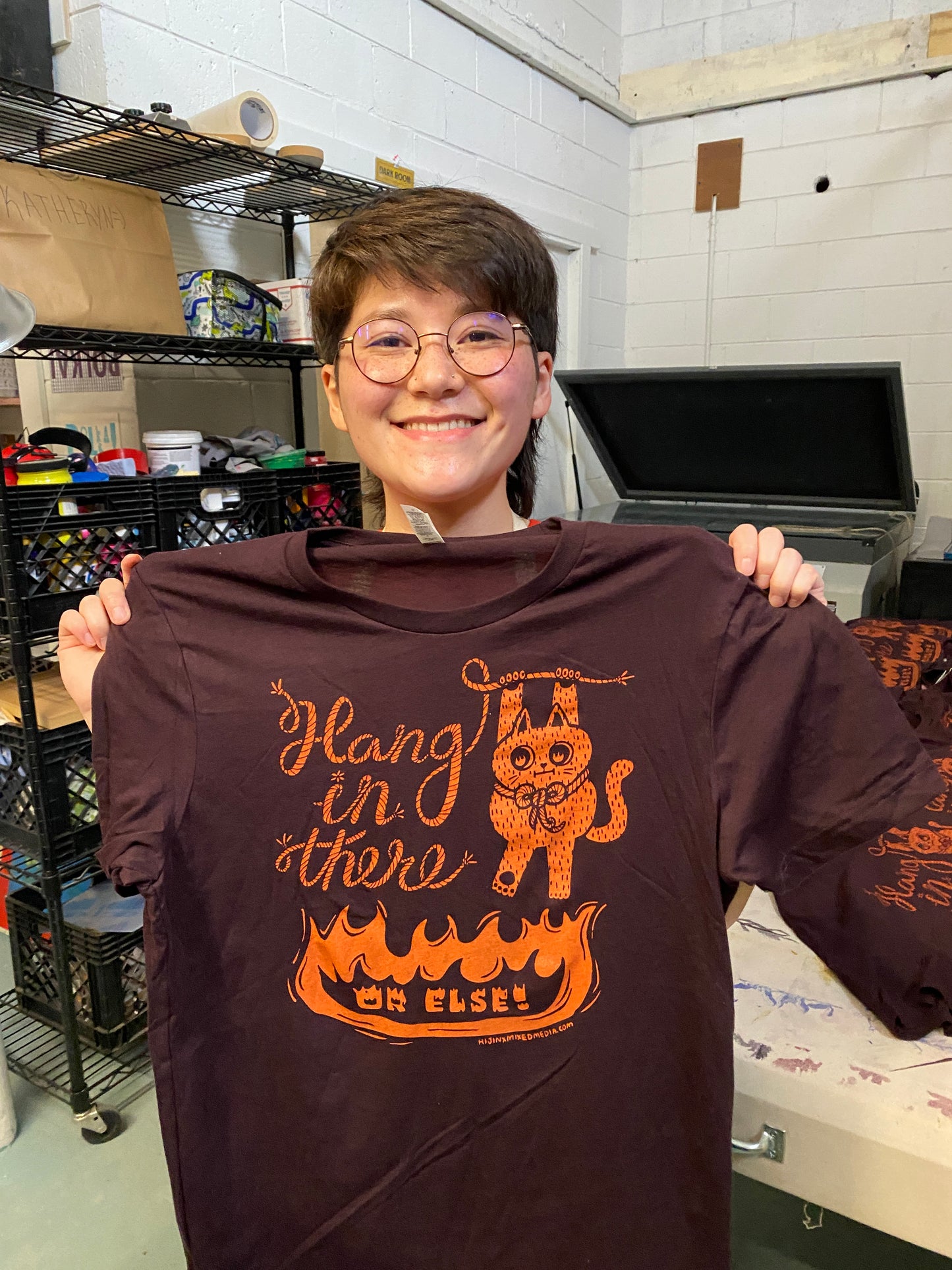 Hang In There (Or Else!) Cat Illustration Screen Printed Cotton Tee | Orange Ink on Black