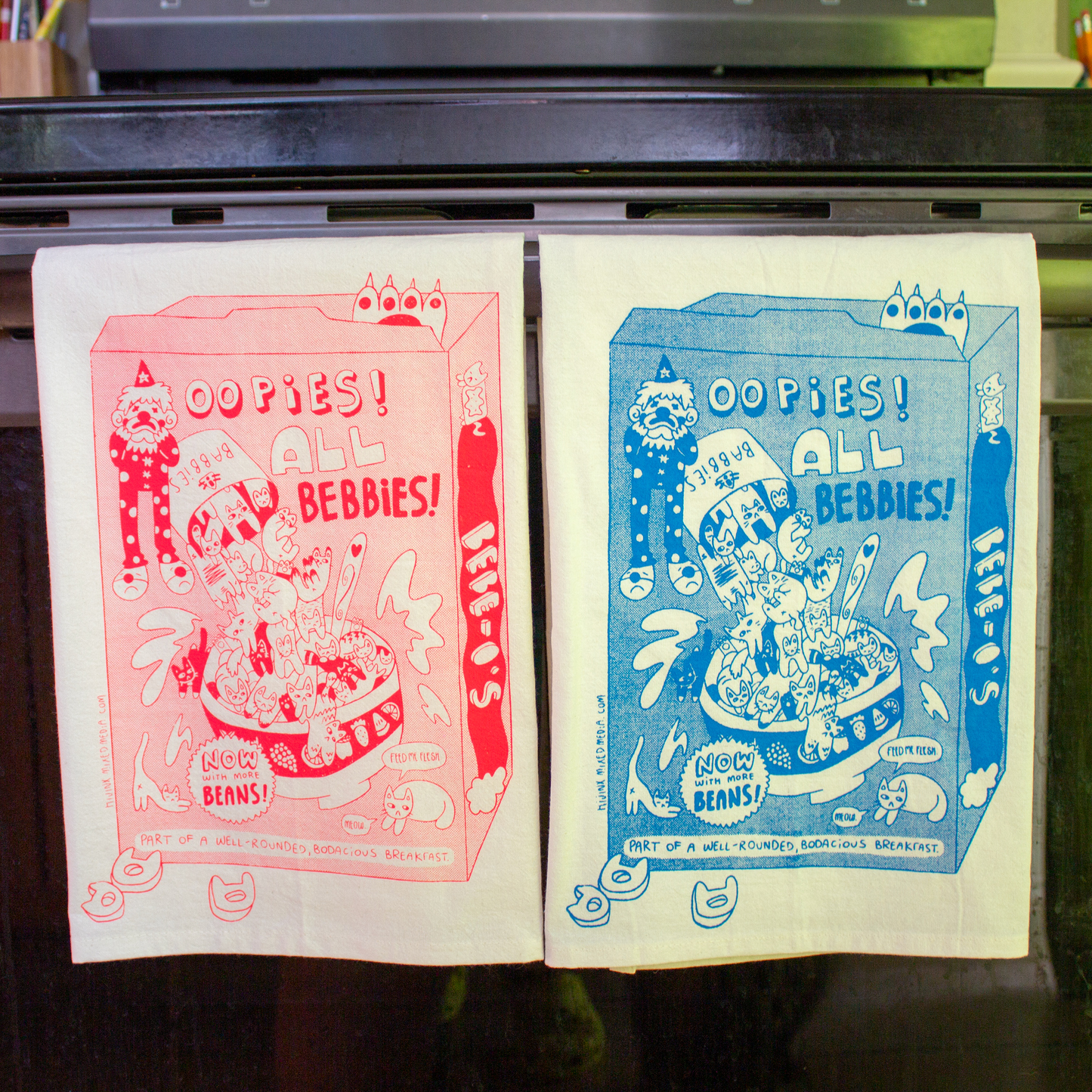Bebe-O’s Cat Breakfast 27 in x 27 in Flour Sack Towel | Screen Print | 100% Cotton