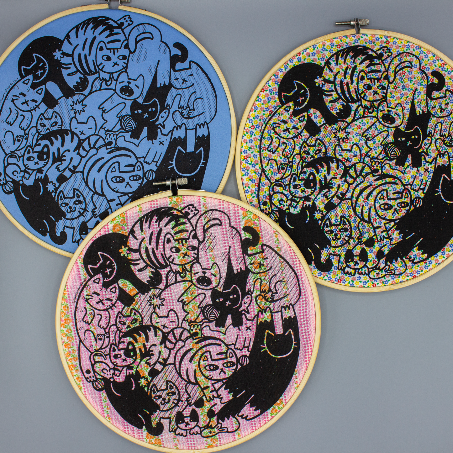 Bunches-O-Babies Cat Illustration | Screen Printed Fabric Wall Hanging Embroidery Hoop