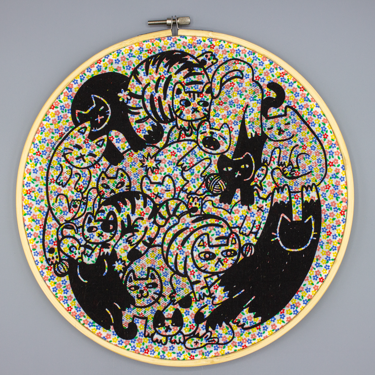 Bunches-O-Babies Cat Illustration | Screen Printed Fabric Wall Hanging Embroidery Hoop