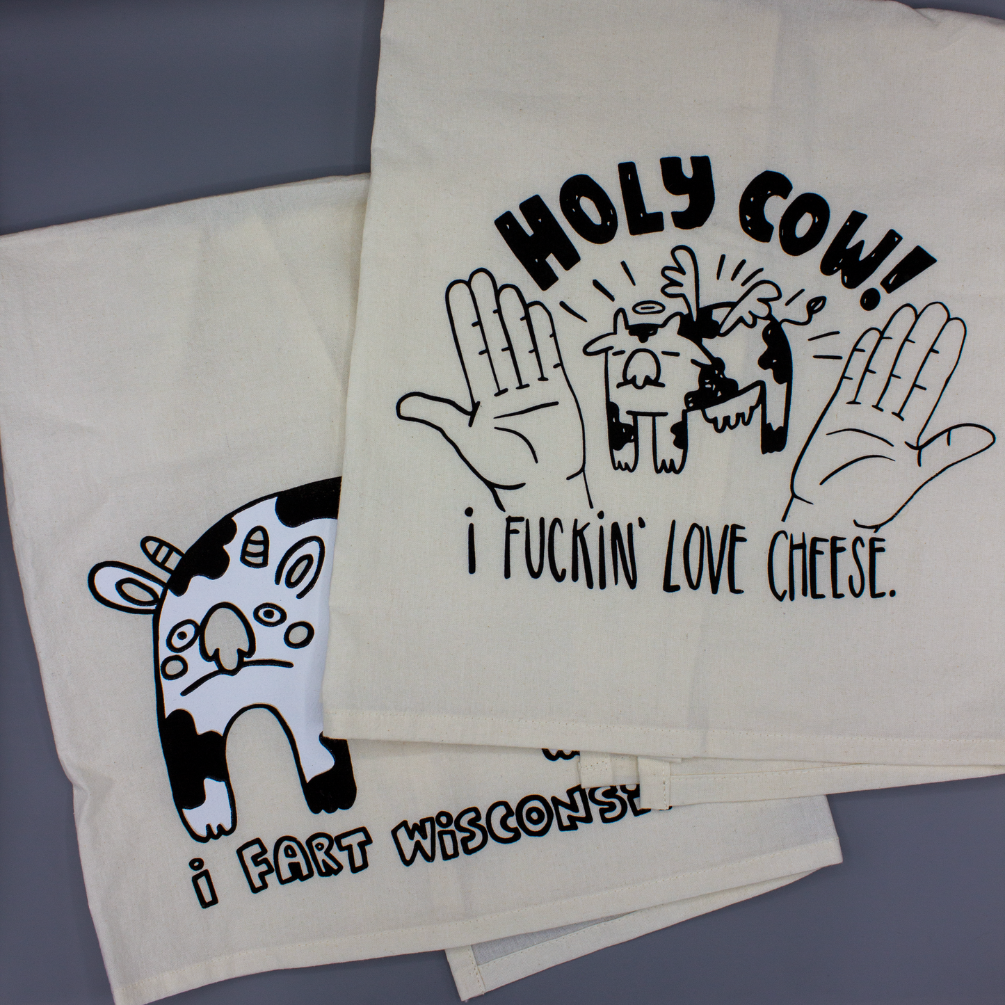 Holy Cow! I Fuckin’ Love Cheese Flour Sack Towel | Screen Printed Cotton Kitchen or Bathroom Towel