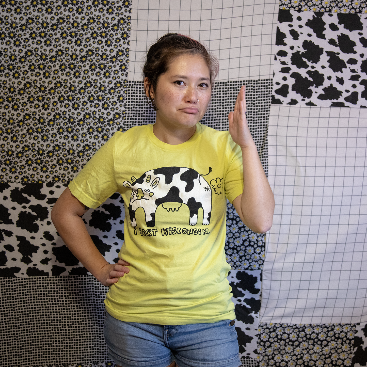 I Fart Wisconsin Farting Cow Illustration Screen Printed Tee | Assorted Colors | Heather Olive, Poppy Red, Strobe Yellow