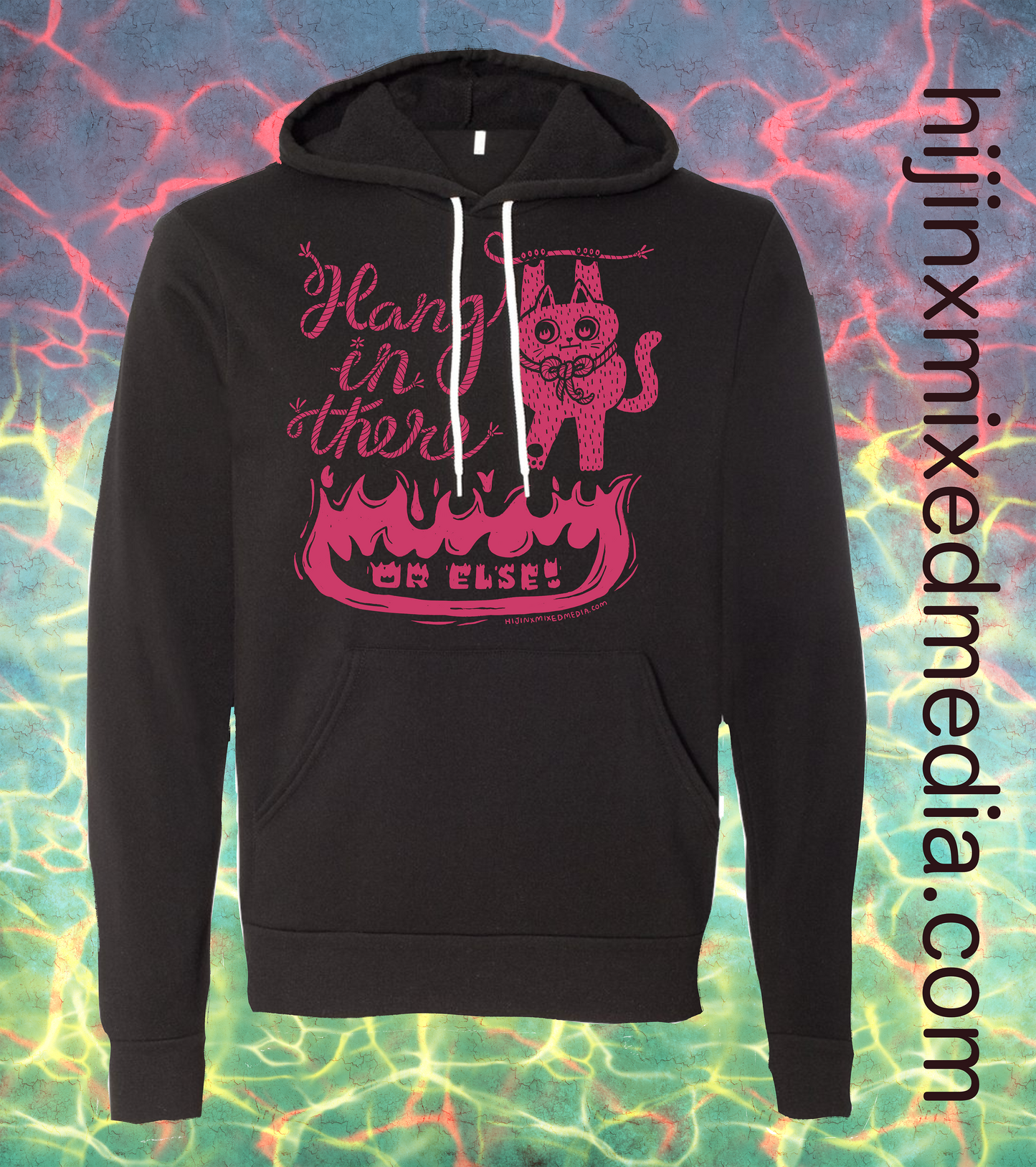 Hang In There (Or Else!) Cat Illustration Screen Printed Cotton Tee | Pink Ink on Black