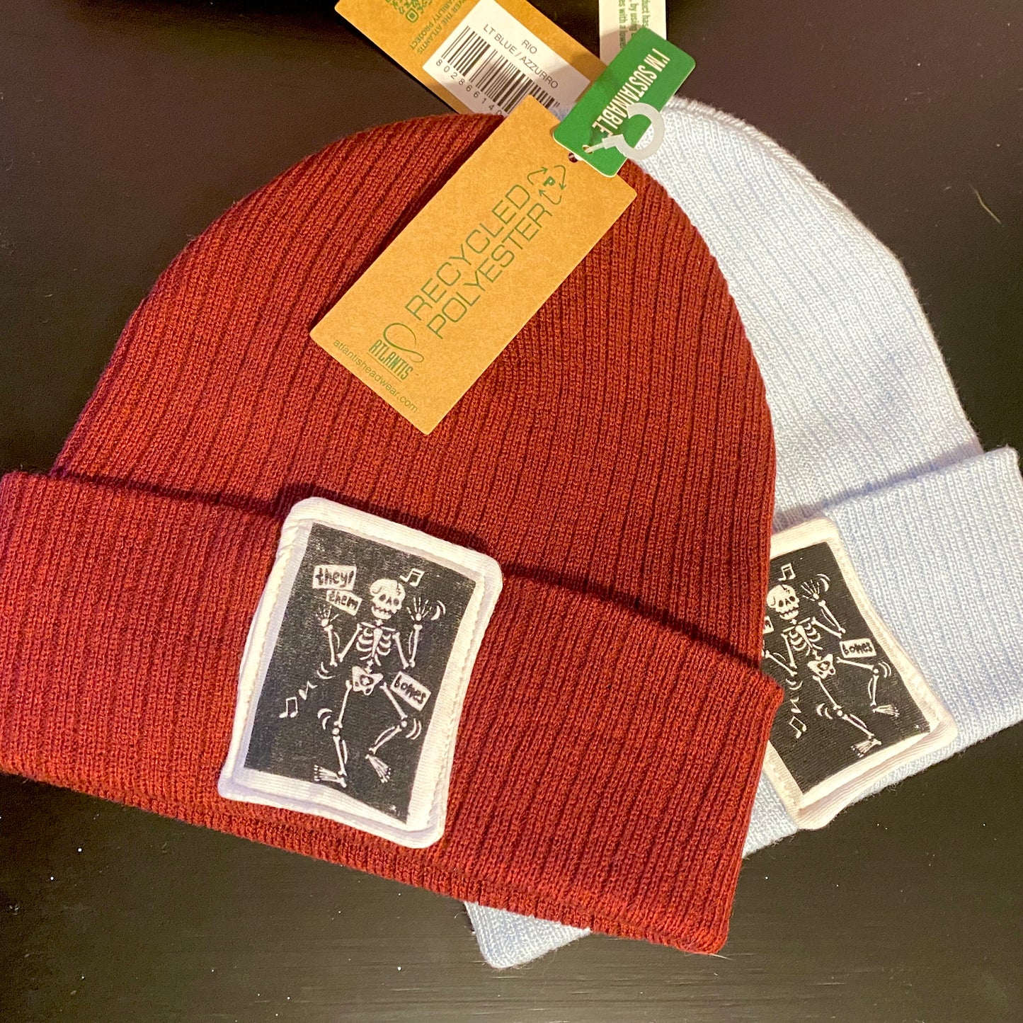 They/Them Bones Beanie | Screen Printed Patch on Recycled Beanie
