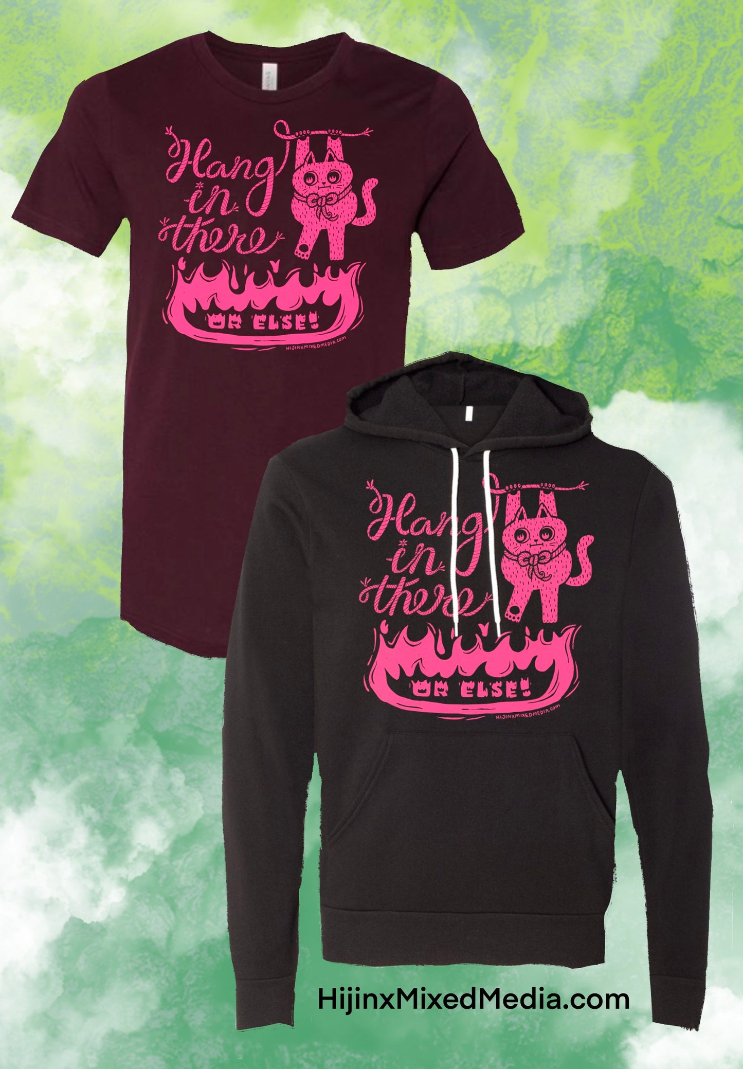 Hang In There (Or Else!) Cat Illustration Screen Printed Cotton Tee | Pink Ink on Black