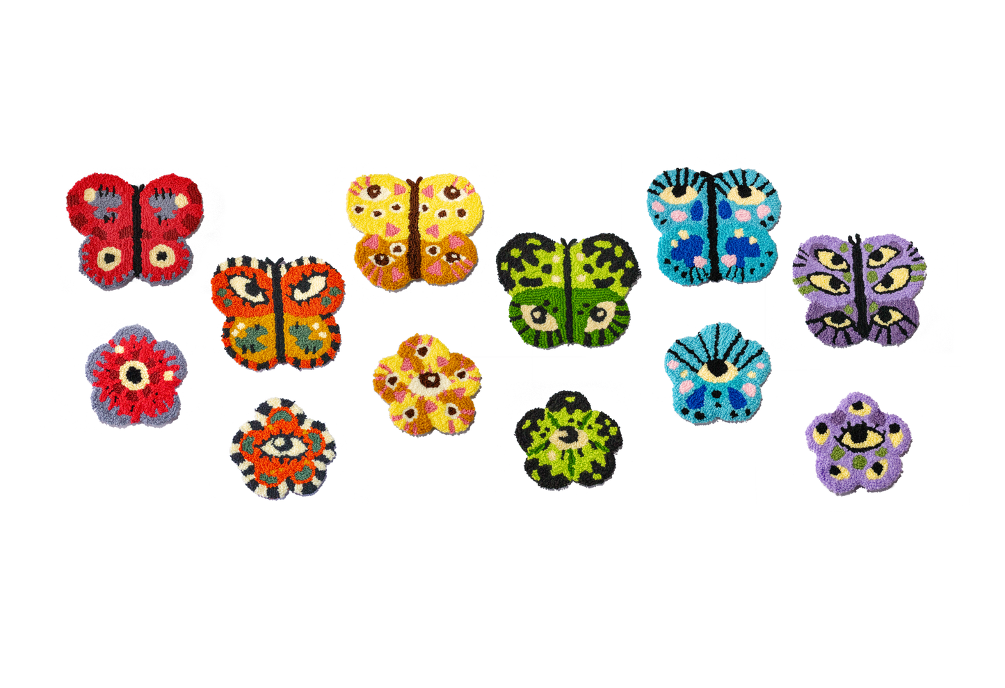 Butterfleye’s Garden | Butterfly Eyeball Rugs + Flowers | Assorted Colors | Handmade