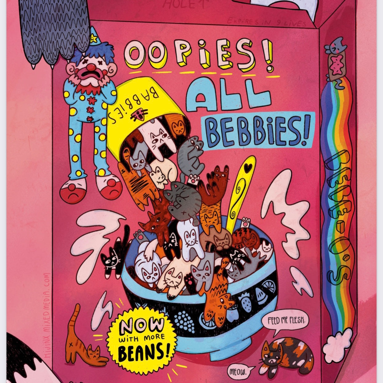 Oopies All Bebbies! Hazardous Cat Spill in the Cereal Factory! Bebe-O’s Cereal | Art Print