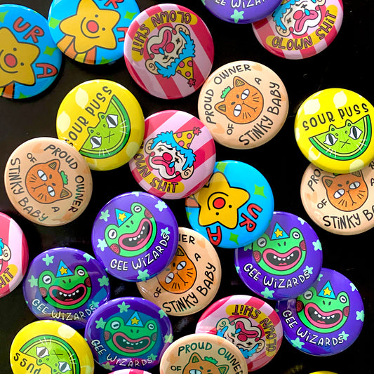 Assorted Fun Little Buttons! (1.5 inch) | Original Illustrations & Typography