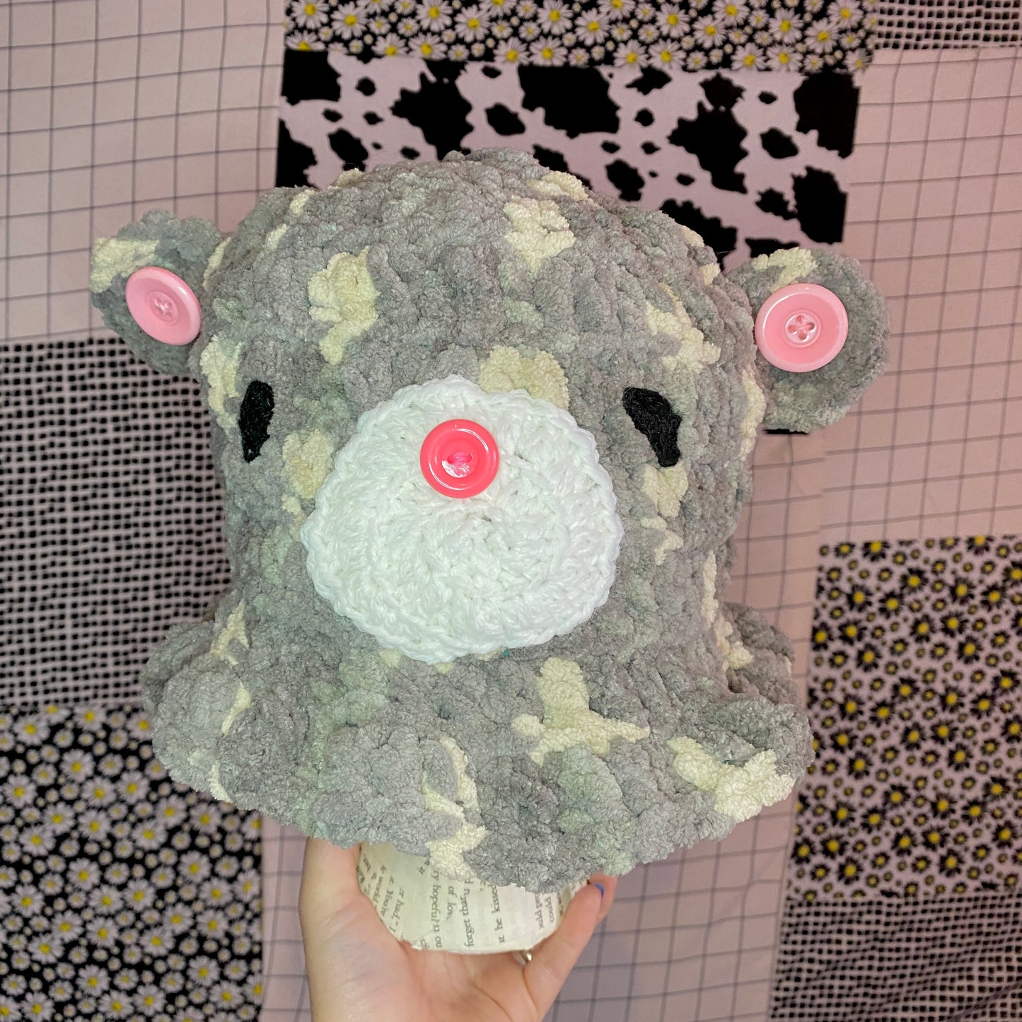 Bear Crochet Bucket Hat | Mixed Fiber Art Media | Handmade Wearable Art