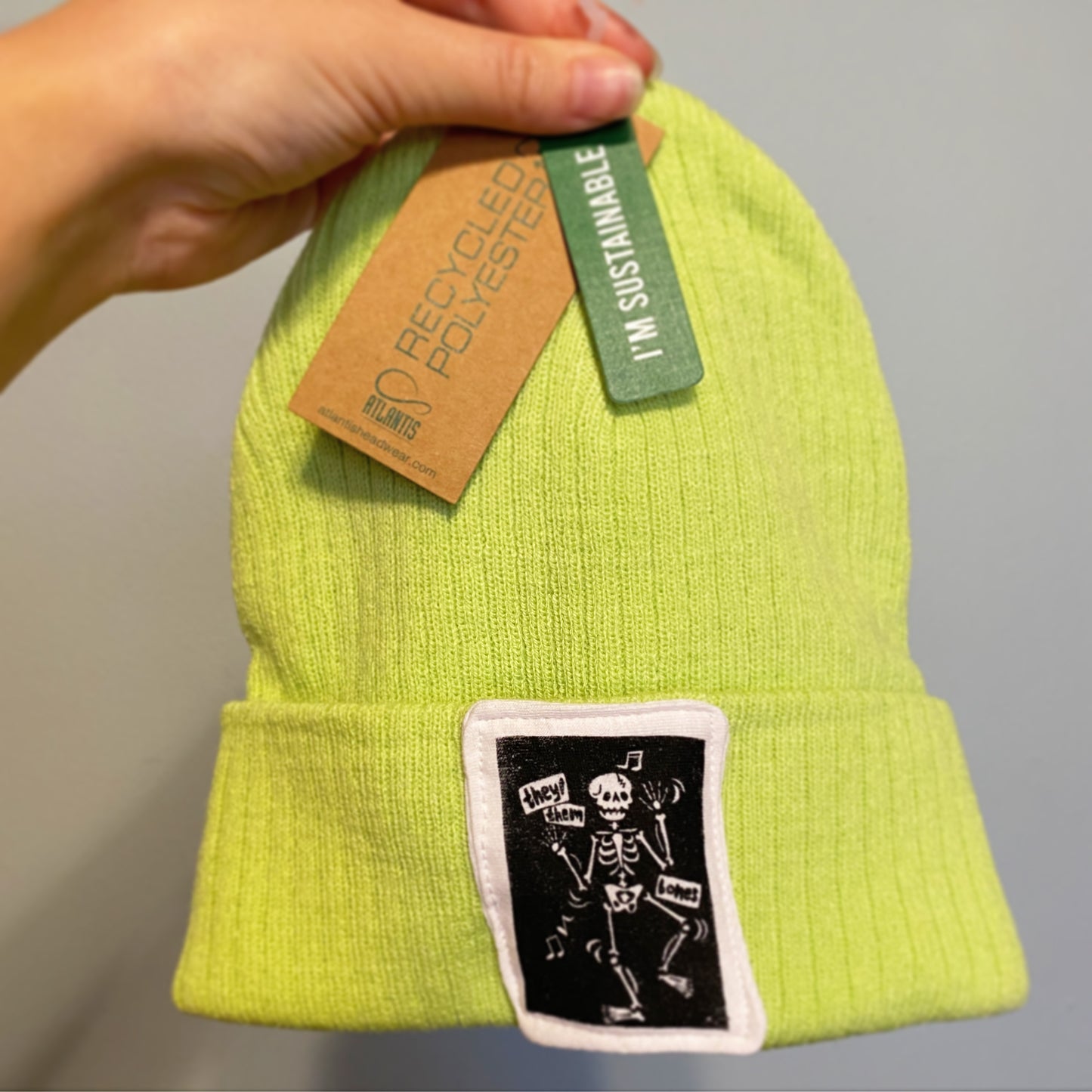 They/Them Bones Beanie | Screen Printed Patch on Recycled Beanie