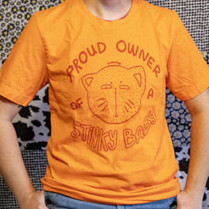 Proud Owner of a Stinky Baby | Screen Printed Unisex Tee | Orange Fruit Cat Illustration