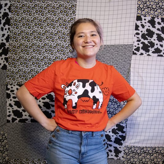 I Fart Wisconsin Farting Cow Illustration Screen Printed Tee | Assorted Colors | Heather Olive, Poppy Red, Strobe Yellow