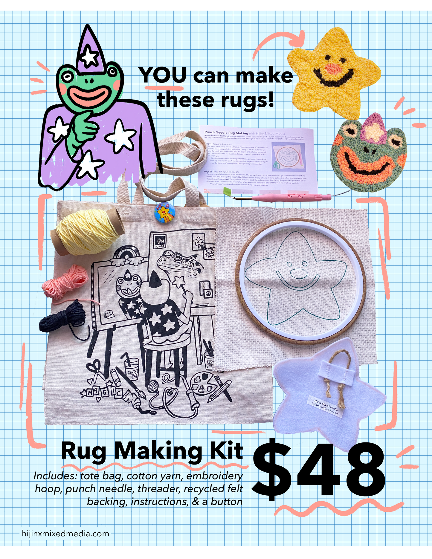 DIY Rug Making Kit | Frog or Star Rug with Screen Printed Tote Bag | Tools Included