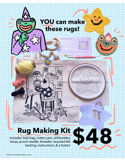 DIY Rug Making Kit | Frog or Star Rug with Screen Printed Tote Bag | Tools Included