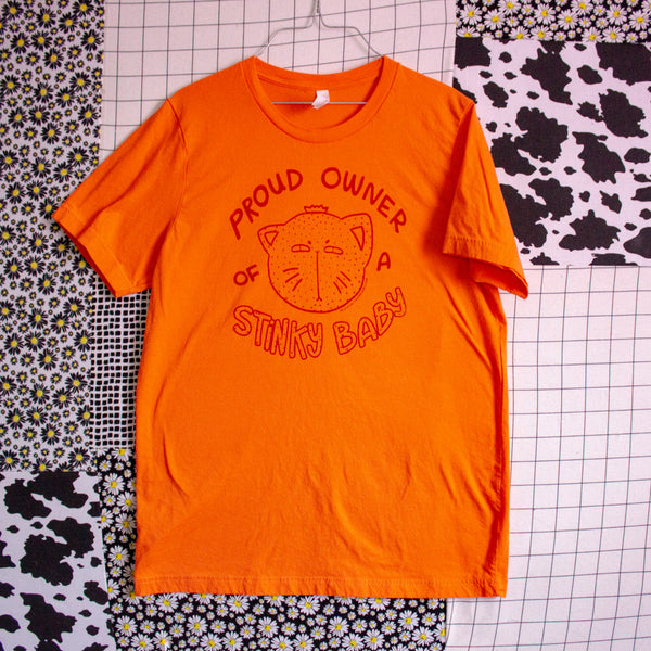Proud Owner of a Stinky Baby | Screen Printed Unisex Tee | Orange Fruit Cat Illustration