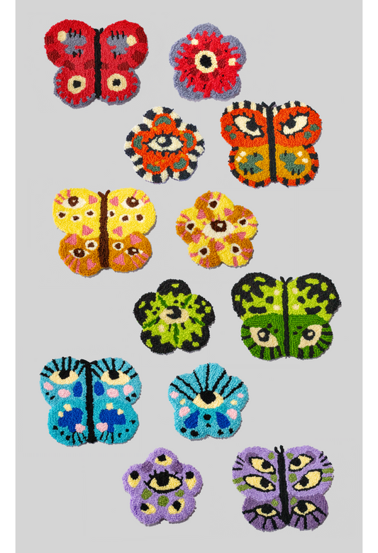 Butterfleye’s Garden | Butterfly Eyeball Rugs + Flowers | Assorted Colors | Handmade