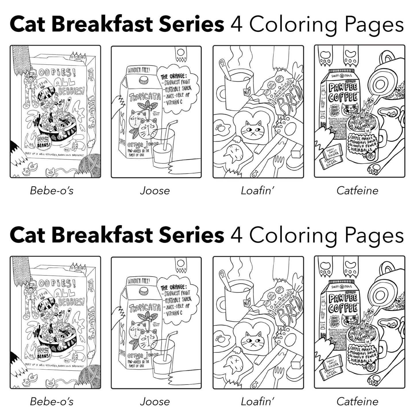 Cat Breakfast Coloring Sheets - 4 Designs