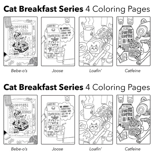 Cat Breakfast Coloring Sheets - 4 Designs