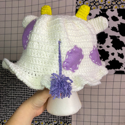 Cow Crochet Bucket Hat | Mixed Fiber Art Media | Handmade Wearable Art