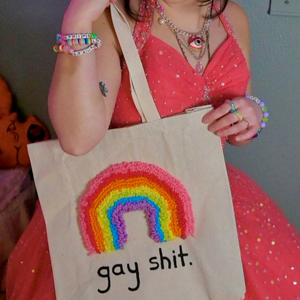 Gay Shit Rainbow Hand Needle Punched, Screen Printed Canvas Tote + Rug