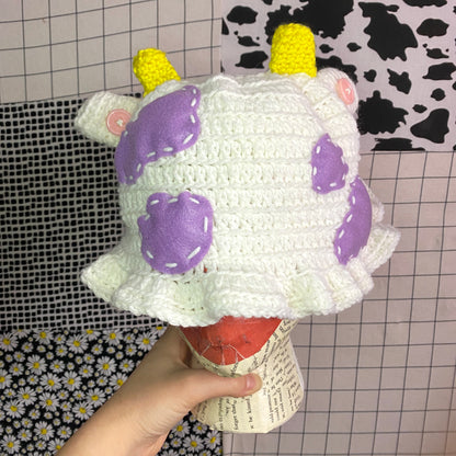 Cow Crochet Bucket Hat | Mixed Fiber Art Media | Handmade Wearable Art