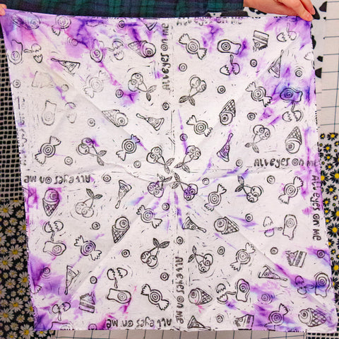 All Eyes On Me Eyeball Foods Bandana | Tie Dye | Linocut Relief Print with Black Ink