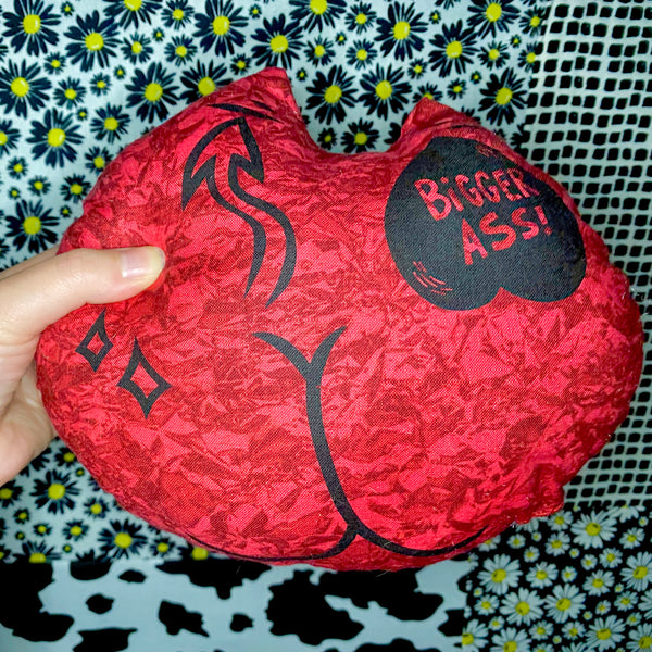 Cheeky Devil: Big Heart! / Bigger Ass! Double Sided Screen Printed Plushie | Little Devil Smiley Face | Red, Orange, Pink