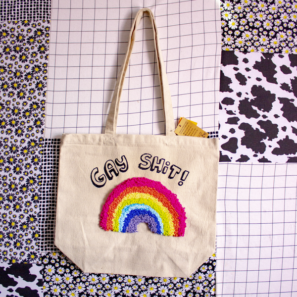 Gay Shit Rainbow Hand Needle Punched, Screen Printed Canvas Tote + Rug