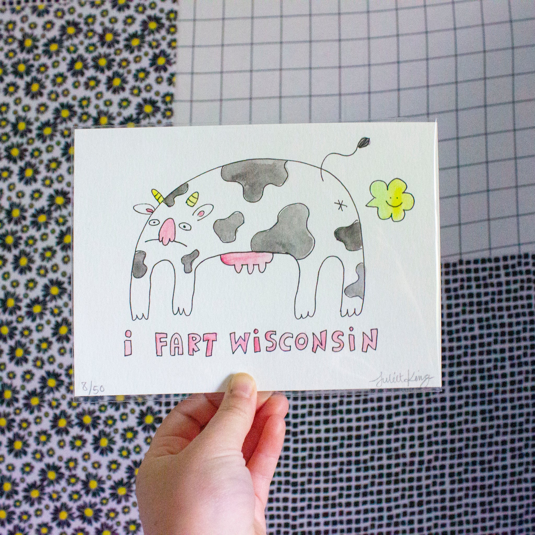 I Fart Wisconsin | Hand-Drawn Farting Cow Illustration | Watercolor Painting