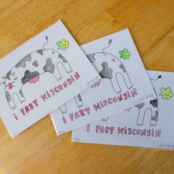 I Fart Wisconsin | Hand-Drawn Farting Cow Illustration | Watercolor Painting
