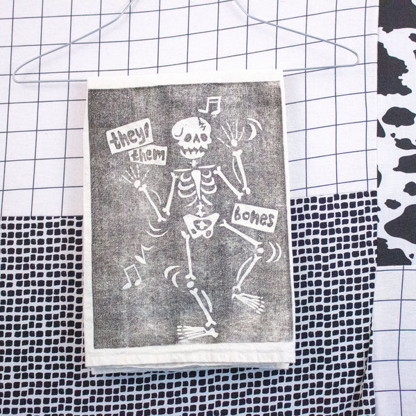 They/Them Bones 27 in x 27 in Tea Towel | Relief Print | Dem Bones Parody | 100% Cotton Tea Towel
