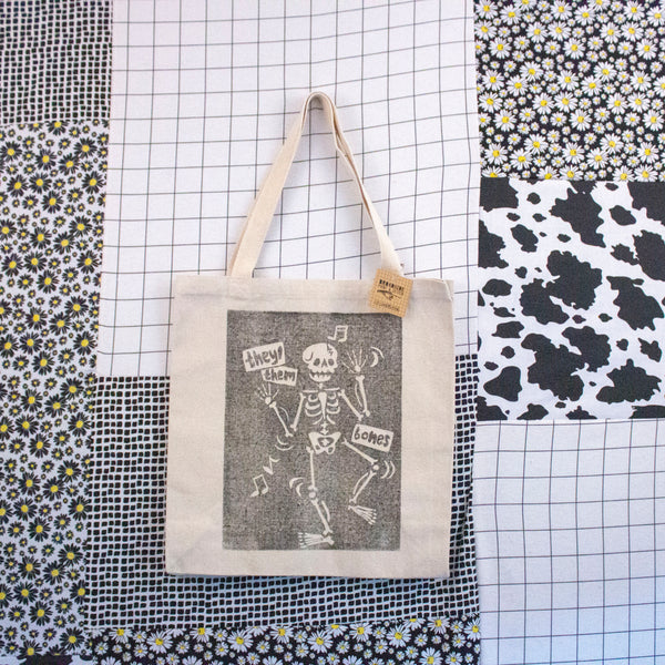 They/Them Bones Tote Bag | Relief Print | Dem Bones Parody | 100% Cotton Tote Bag