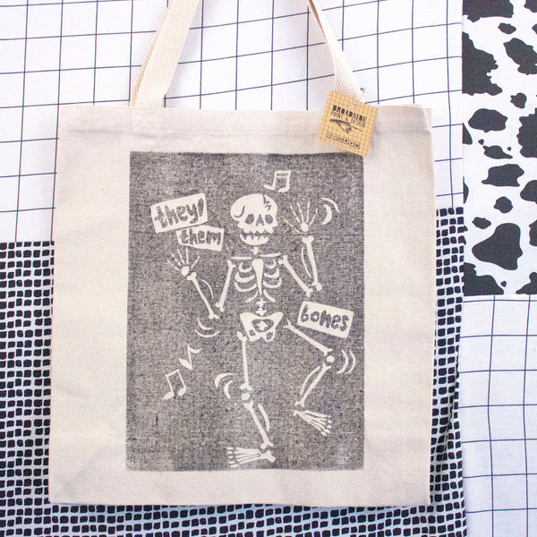 They/Them Bones Tote Bag | Relief Print | Dem Bones Parody | 100% Cotton Tote Bag