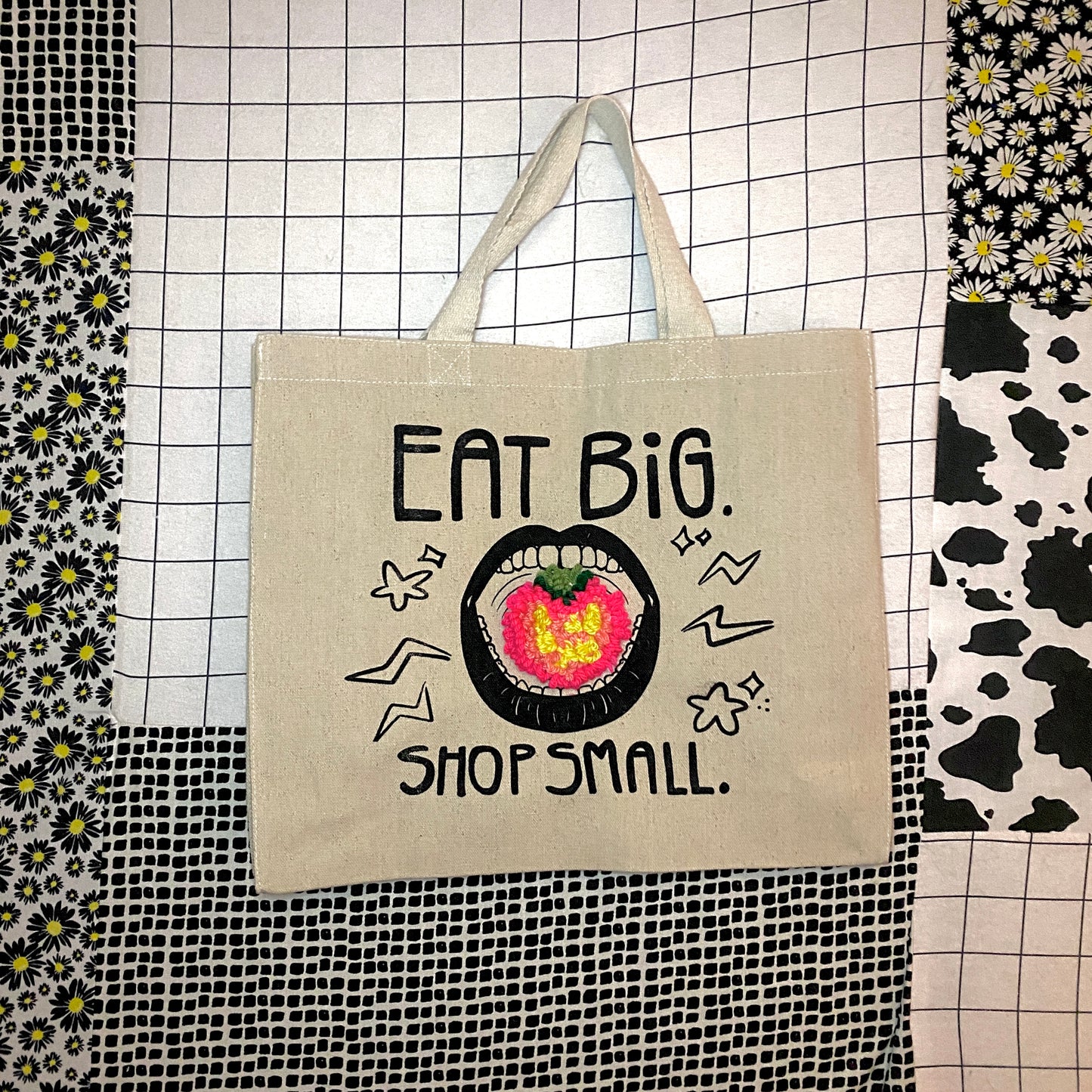 Eat Big, Shop Small Hand Needle Punched, Screen Printed Canvas Tote + Rug