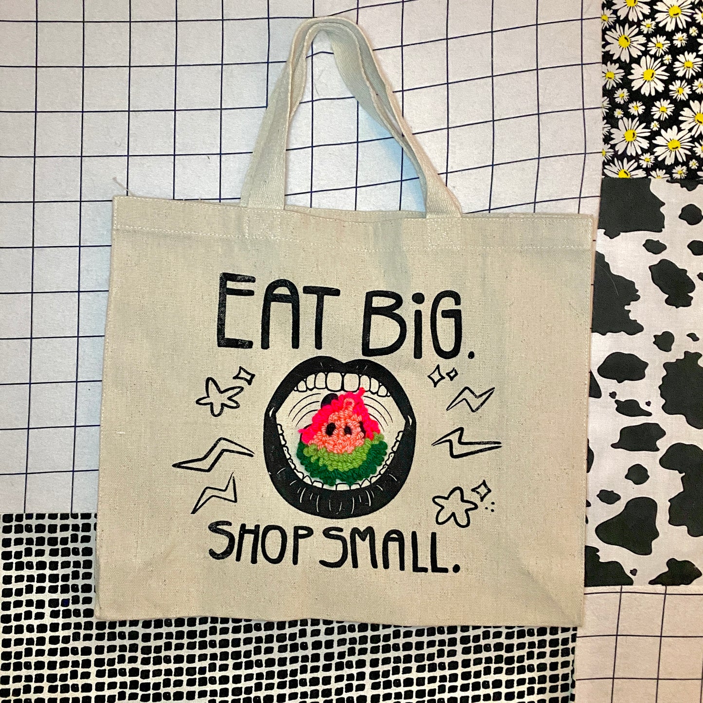 Eat Big, Shop Small Hand Needle Punched, Screen Printed Canvas Tote + Rug